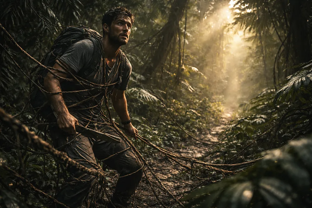 A man in outdoor clothing and a backpack is tangled in vines on a muddy jungle path, sunlight filtering through dense foliage—much like navigating the twists and turns of starting an online business.