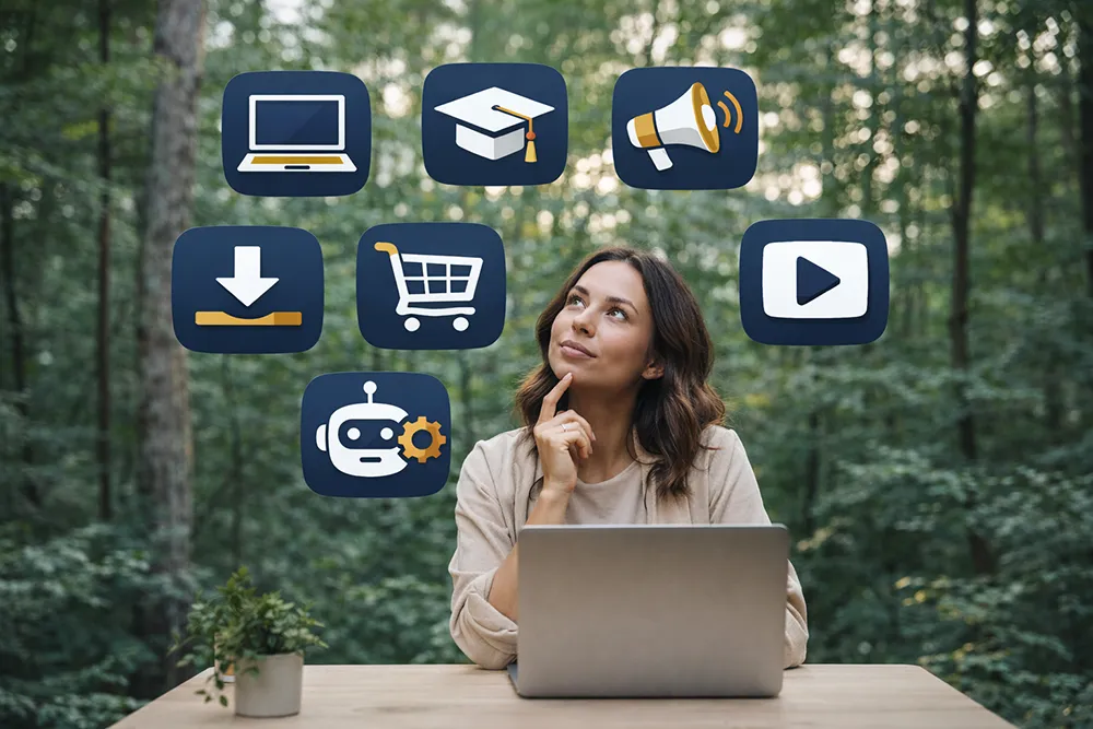 A woman sits at a laptop outdoors, looking up at floating digital icons representing online learning, affiliate marketing, shopping, dropshipping, and media against a forest background.