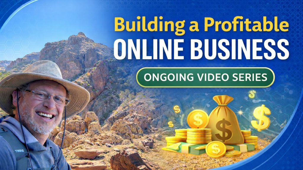 Man wearing a hat smiles in a rocky outdoor setting; text reads “Building a Profitable Online Business: Ongoing Video Series” with money and dollar sign graphics.