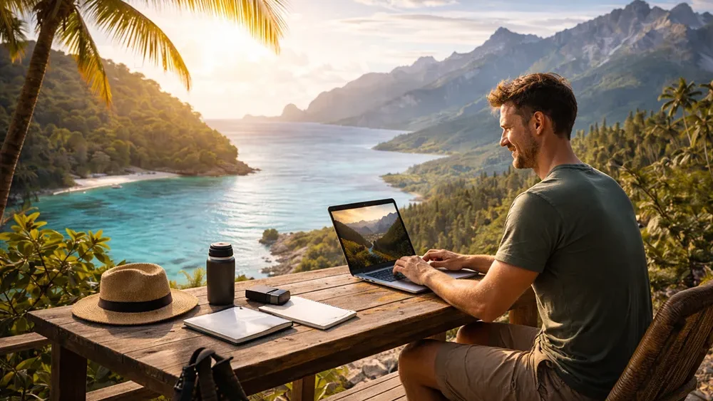 A man works on a laptop at a wooden table overlooking a tropical bay, embracing lifestyle freedom as he manages his small business online, surrounded by work devices and a hat.
