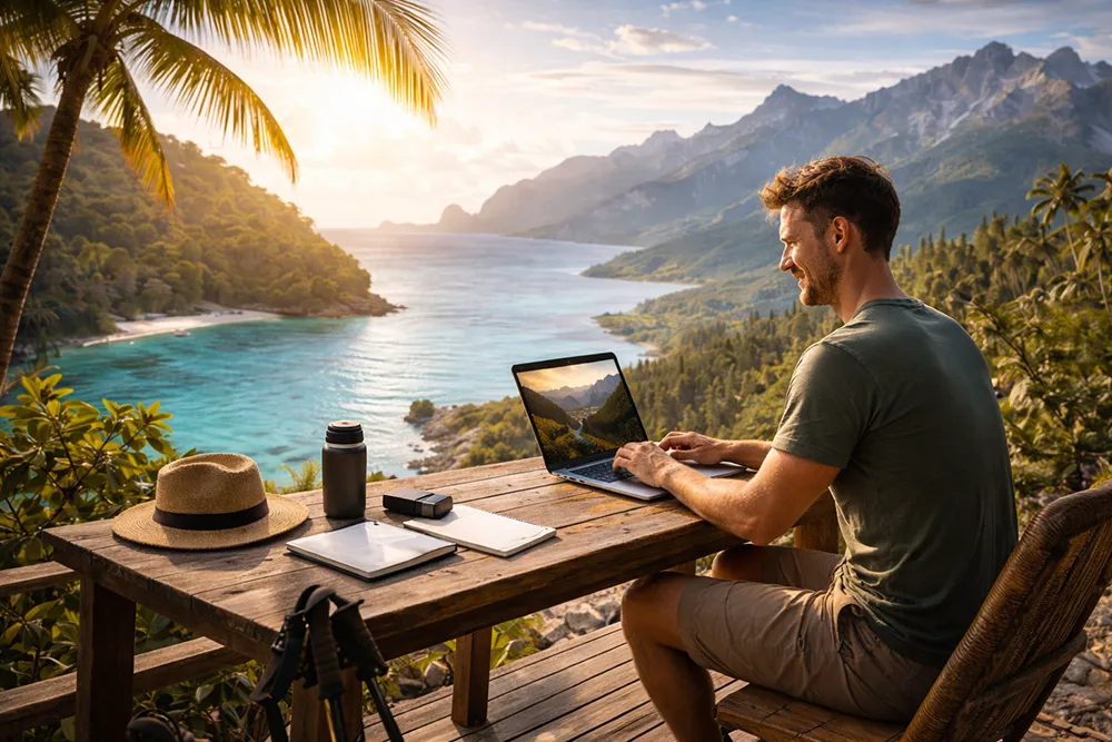 A man works on a laptop at a wooden table overlooking a tropical bay, embracing lifestyle freedom as he manages his small business online, surrounded by work devices and a hat.