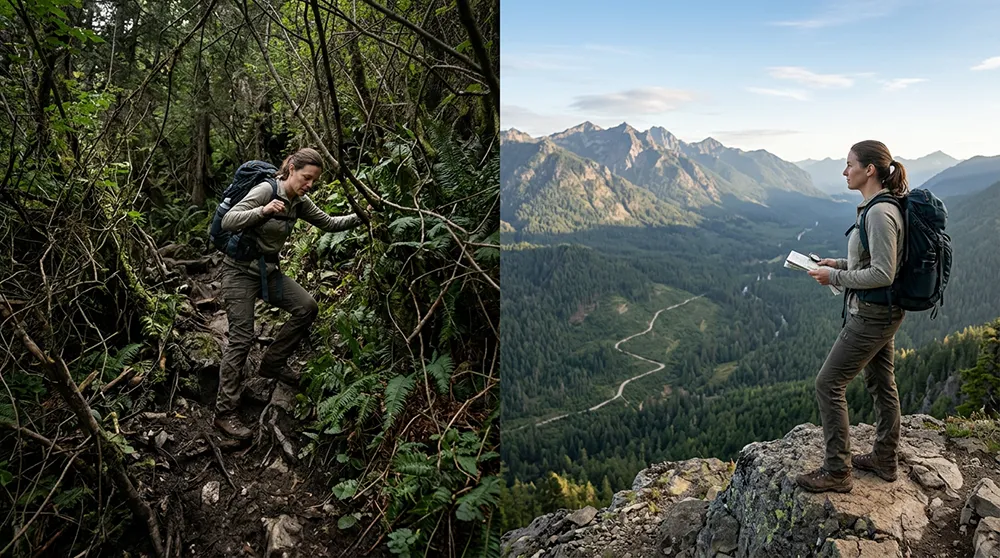 A person with a backpack hikes through dense forest in one image and stands on a rocky ledge overlooking mountains and a winding road in the other, capturing the adventurous spirit often sought by those exploring affiliate marketing.