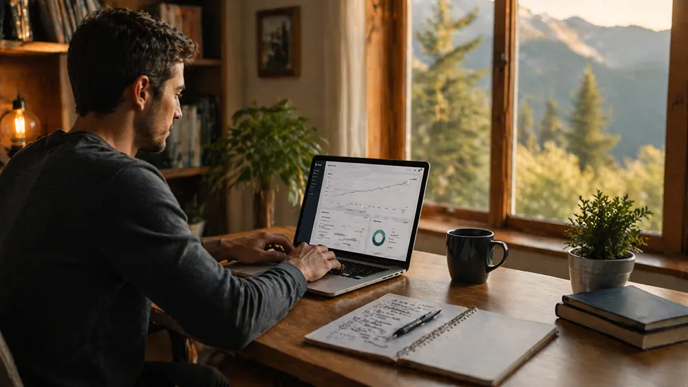 A person works on a laptop displaying affiliate marketing graphs at a wooden desk by a window with mountain views. A notebook, mug, and plant are on the desk, creating an ideal space for beginners mapping out their roadmap to success.