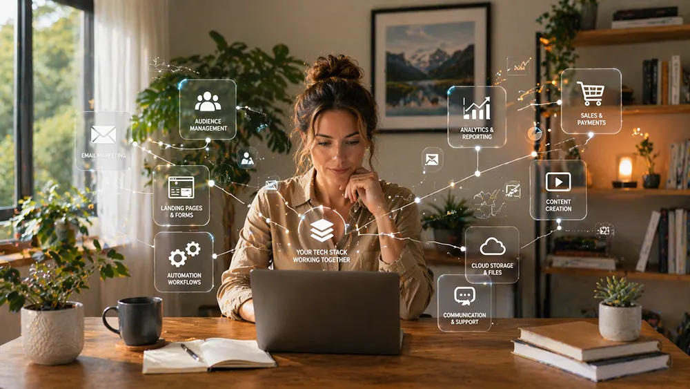 A woman sits at a desk working on a laptop, surrounded by digital icons representing various business tasks as she is in the process of becoming a solopreneur, in a home office setting with plants and bookshelves.