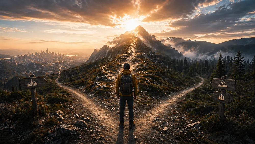 A person stands at a fork in a mountain trail at sunrise, with a city visible on the left and forests on the right, facing toward a sunlit peak.