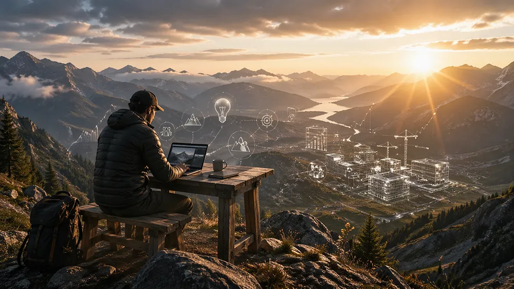 A solopreneur with a laptop sits at a wooden table on a mountain overlooking a valley at sunset, as digital graphics of buildings and technology icons overlay the stunning landscape.