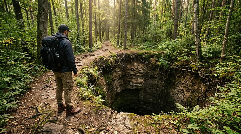 A man with a backpack stands on a forest trail, looking down at a large, deep sinkhole that represents solo business surrounded by trees and vegetation.