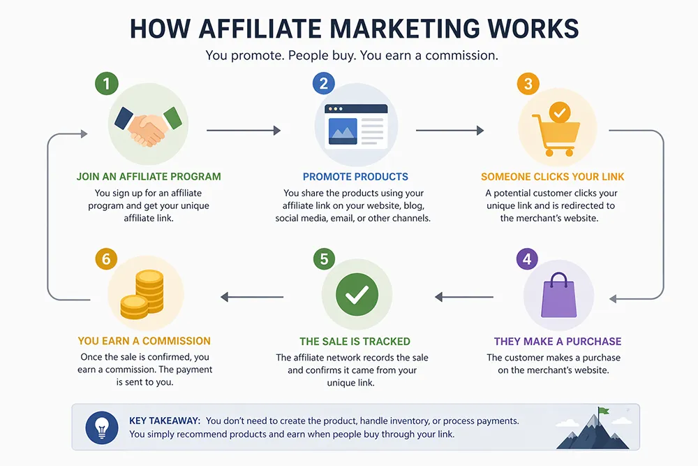 Infographic explaining Affiliate Marketing for Beginners with six steps: join a program, promote products, someone clicks your link, they make a purchase, the sale is tracked, and you earn a commission.