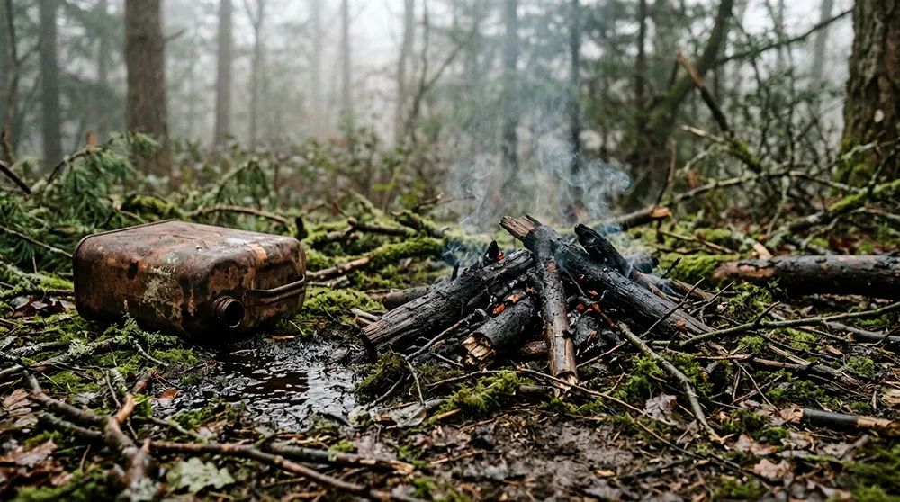 A small campfire burns on forest ground with smoldering logs and smoke, next to a rusty metal container amid moss, branches, and trees—much like how online businesses fail without the right approach.