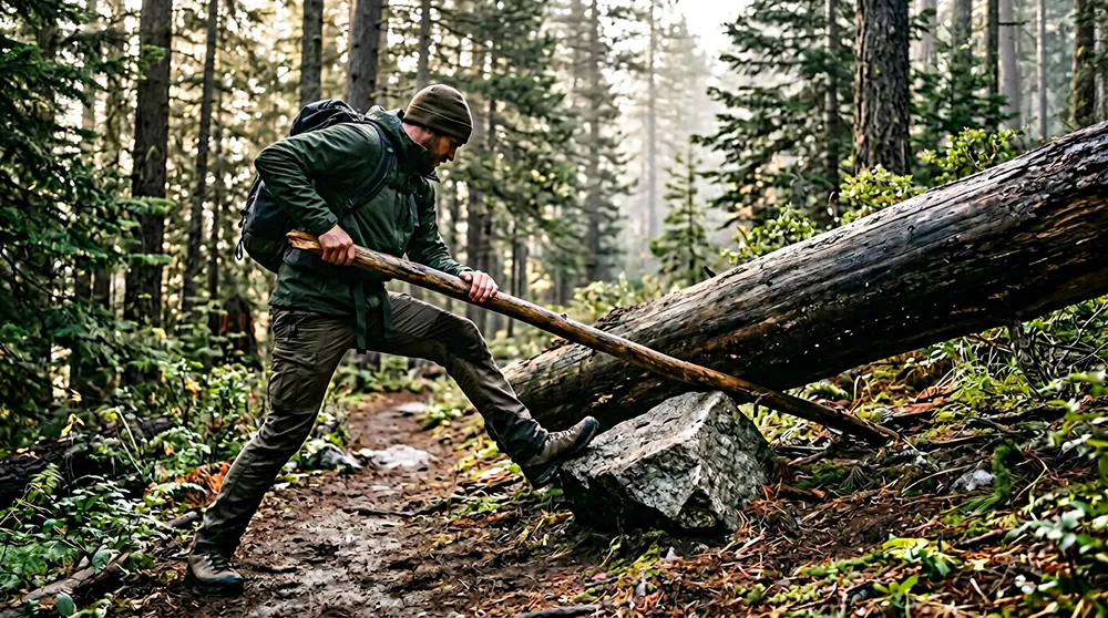 A person in outdoor clothing and a backpack uses a stick to climb over a fallen tree on a forest trail, much like overcoming obstacles faced when learning affiliate marketing.