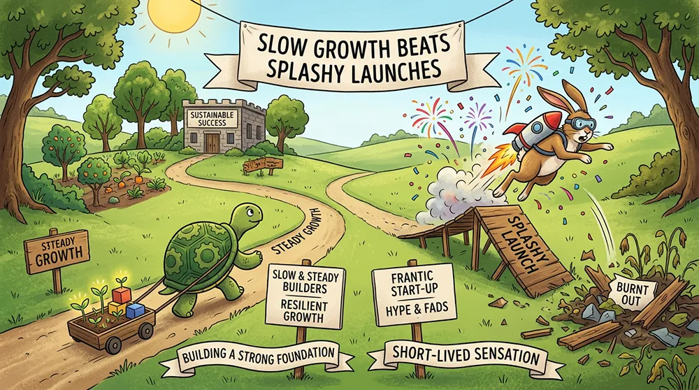 Cartoon of a tortoise moving steadily toward "sustainable success" and a hare crashing after a "splashy launch," illustrating why many online businesses fail by rushing growth instead of building smartly with search engine optimization.