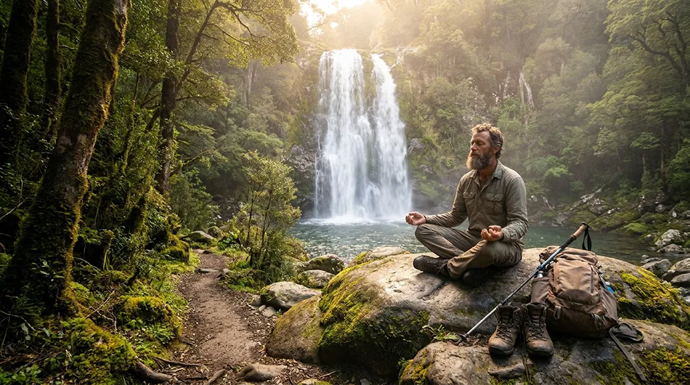 A man, embodying the spirit of a solopreneur, sits cross-legged on a rock meditating near a waterfall in a forest, with hiking gear and a backpack beside him.
