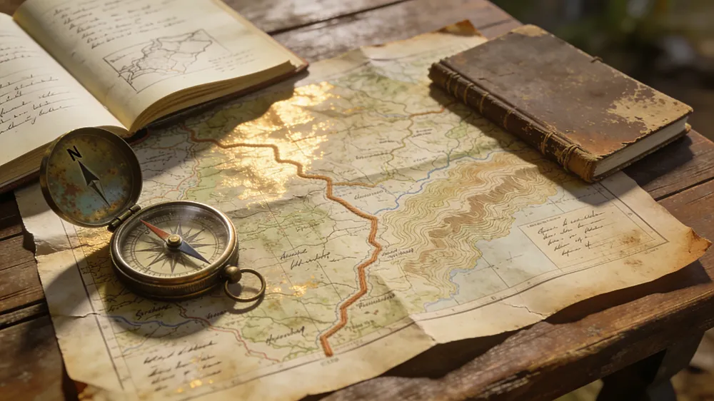 A vintage map, compass, and two notebooks rest on a wooden table under warm light—inspiring dreams of adventure or plans to start a profitable blog while making money sharing your journey.