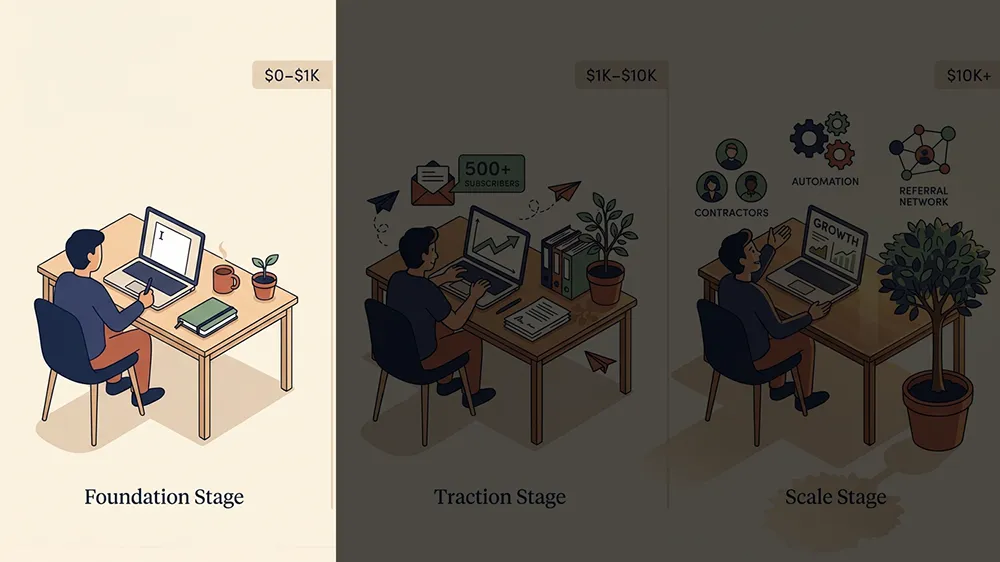 Illustration showing three business stages—Foundation ($0-$1K), Traction ($1K-$10K), and Scale ($10K+)—with a solopreneur at a desk in each stage, highlighting key Online Business Growth Tips along the journey.