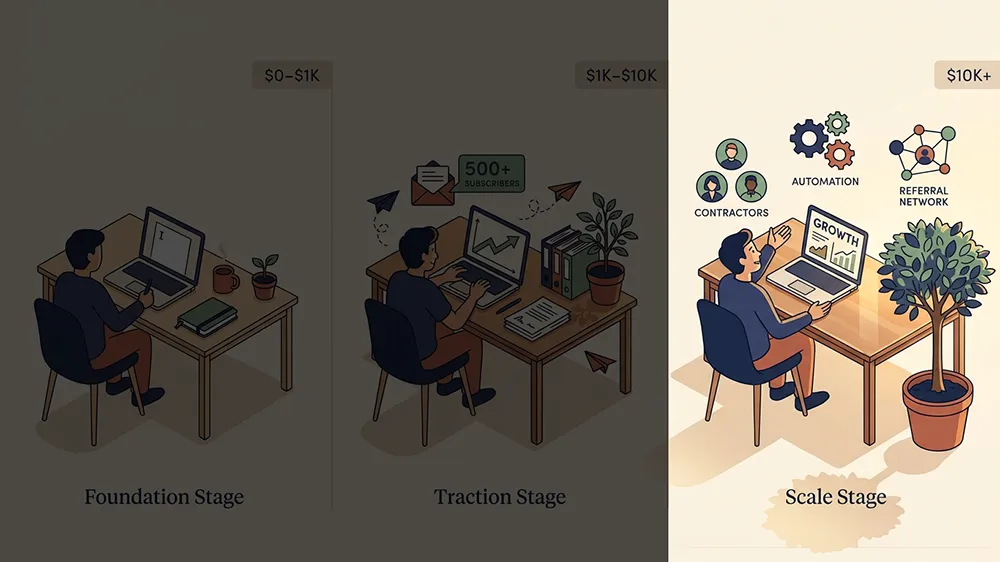 Three illustrated stages of business growth; the highlighted "Scale Stage" shows a solopreneur at a desk with growth charts, automation, contractors, and referral network icons—ideal for those seeking Effective Online Business Growth Tips.