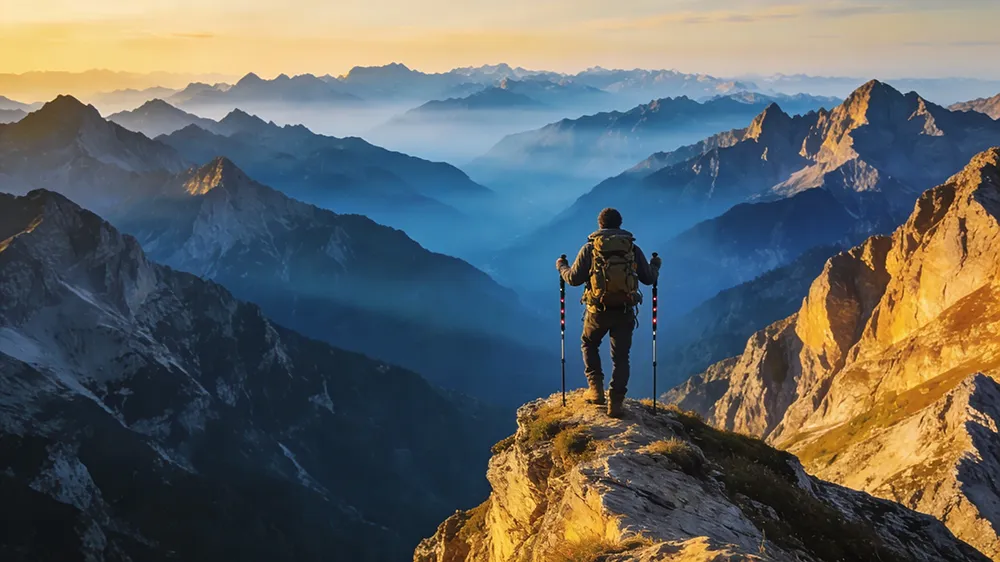 A person with hiking gear stands on a mountain peak, overlooking rugged mountains at sunrise—dreaming of new adventures and ideas to start an online business.