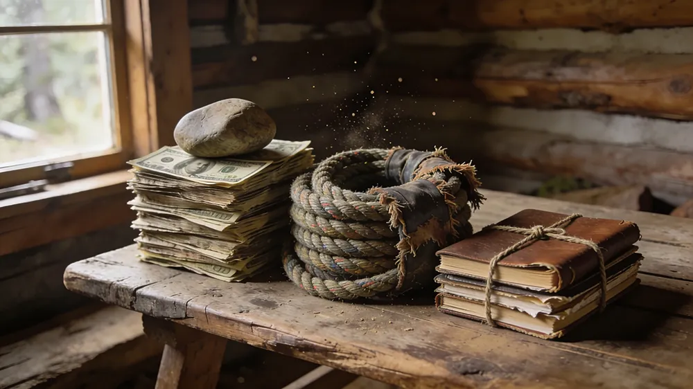 Stacks of cash, a rock, coiled rope, and tied leather journals are arranged on a wooden table inside a rustic log cabin, hinting at successful online businesses and the variety found in online business models compared today.