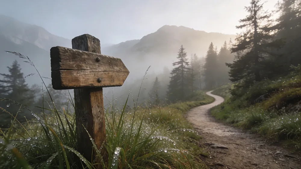 A wooden arrow signpost stands next to a winding dirt path through a misty forested mountain landscape at dawn, symbolizing the journey to start a profitable blog.