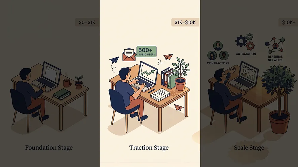 A solopreneur at a desk reviews growth charts and analytics, with icons of charts and subscribers highlighting the "Traction Stage" of an online business, labeled $1K–$10K. Discover Online Business Growth Tips for this exciting phase.