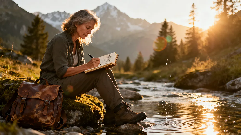 A person sits on a rock by a stream in a mountain landscape at sunset, writing in a notebook with a backpack nearby, reflecting on how to validate an online business idea inspired by nature's tranquility.