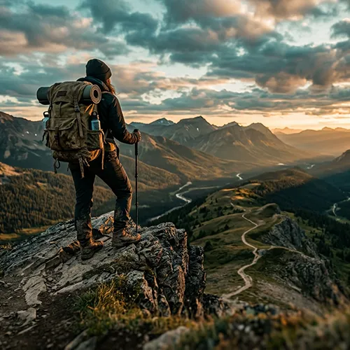A hiker with a large backpack stands on a rocky peak overlooking a winding path and mountain range at sunset under a cloudy sky.