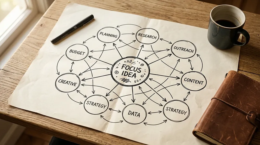 A mind map diagram on paper labeled "Focus Idea" at the center, with related concepts like planning, research, blog SEO best practices, outreach, and strategy branching out. A pen, notebook, and coffee cup are nearby in preparation of working on ranking in search engines