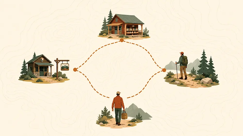 Illustration of a person choosing between two paths, each leading to a different cabin, symbolizing decisions in affiliate marketing, with mountains and trees in the background. Dotted lines connect the figure and destinations.