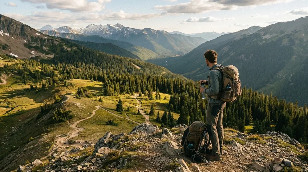 A hiker with a backpack stands on a rocky outcrop overlooking a valley, reflecting the winding trails and distant mountains