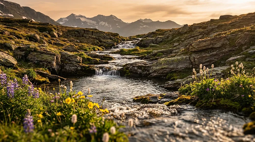 A small stream flows through rocky terrain with wildflowers, under a golden sky, with mountains visible in the background—an inspiring scene to reflect and focus on as a hopefully solopreneur
