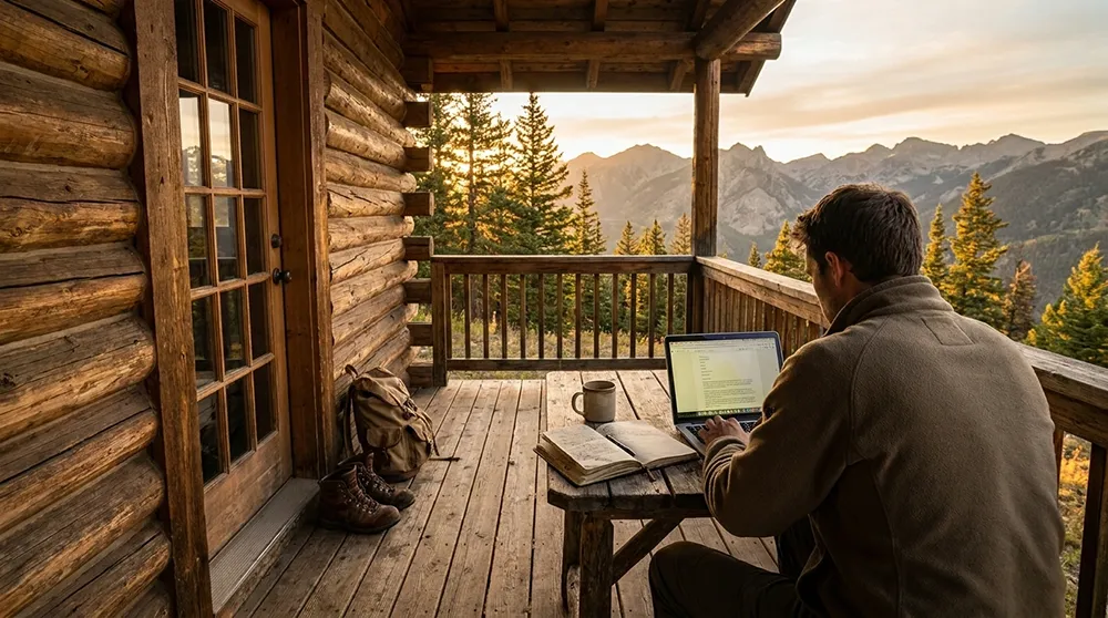 A person works on a laptop at a wooden table on a cabin porch, surrounded by trees and mountains at sunset, taking time to validate an online business idea. A mug, book, boots, and backpack are nearby.