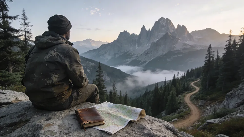 A person in outdoor gear sits on a rock overlooking a mountain landscape, with a map and notebook beside them—pausing to validate an online business idea while tracing the winding dirt path below.